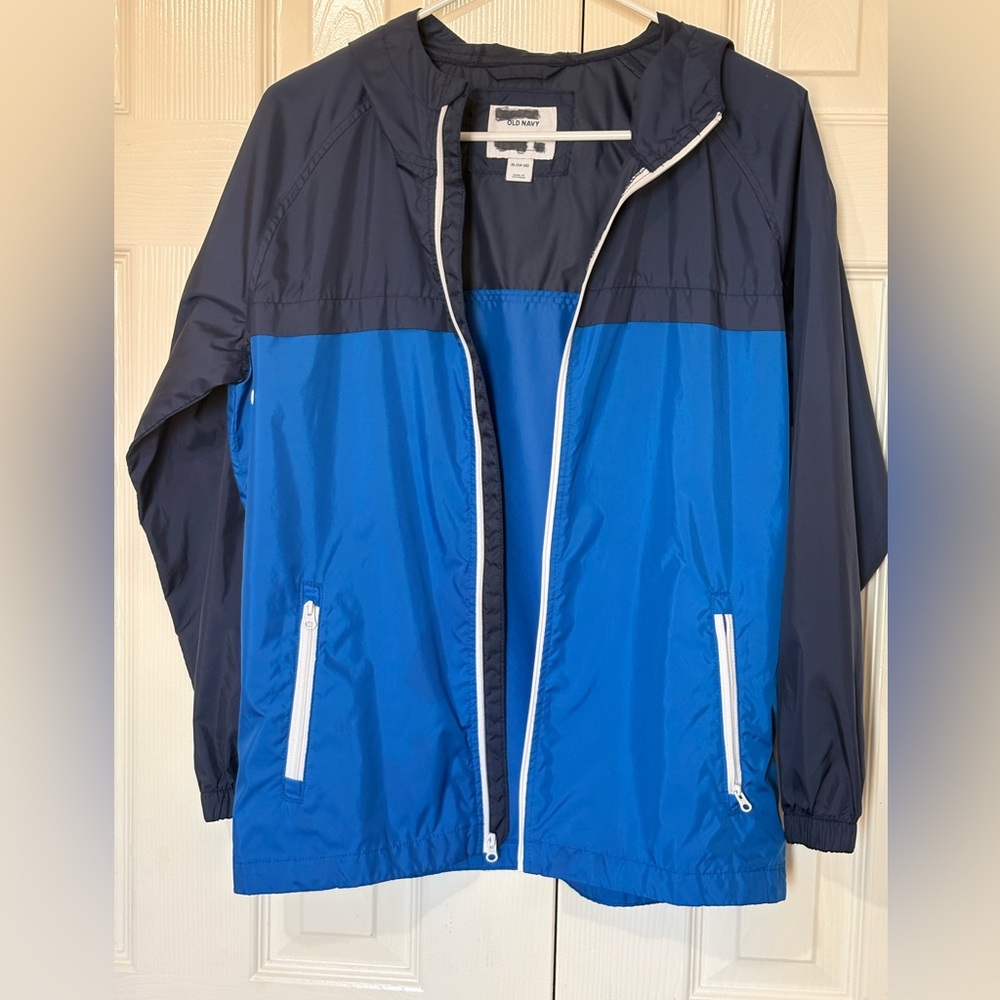 Old Navy Blue and Black Rain Jacket Windbreaker Hooded Full Zip Blue Size 14-16 - Picture 11 of 11